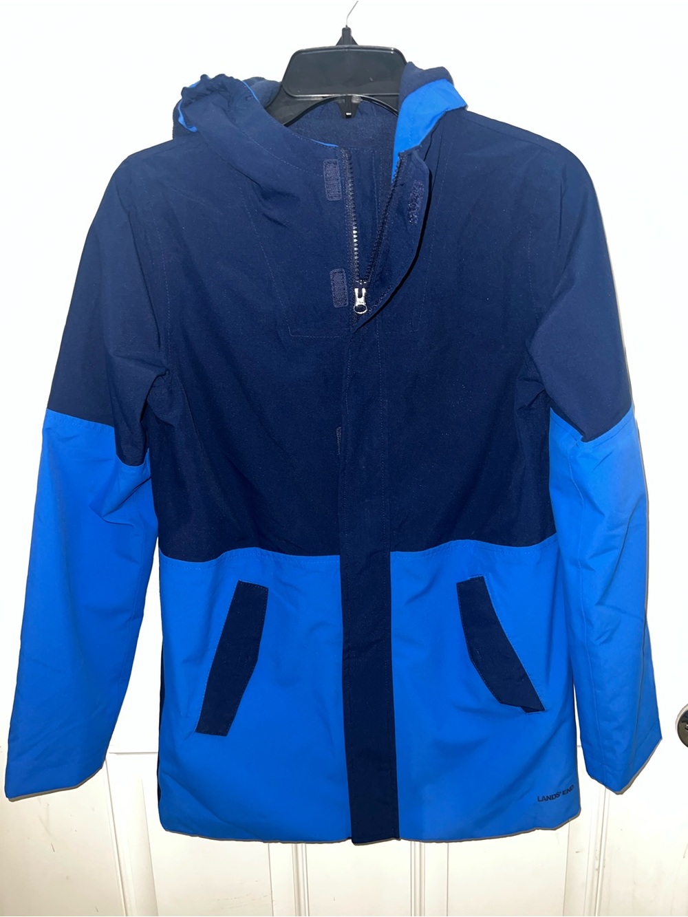 Boys Lands End Two Tone Blue Colorblock Raincoat Sz XL